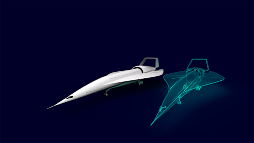 An illustration showing a hypersonic jet and a digital twin of the hypersonic jet